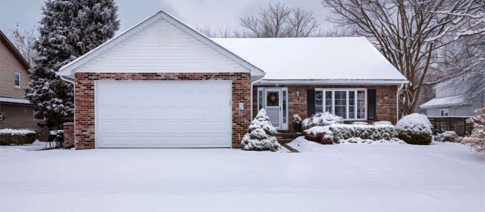 house with garage door in winter with snow